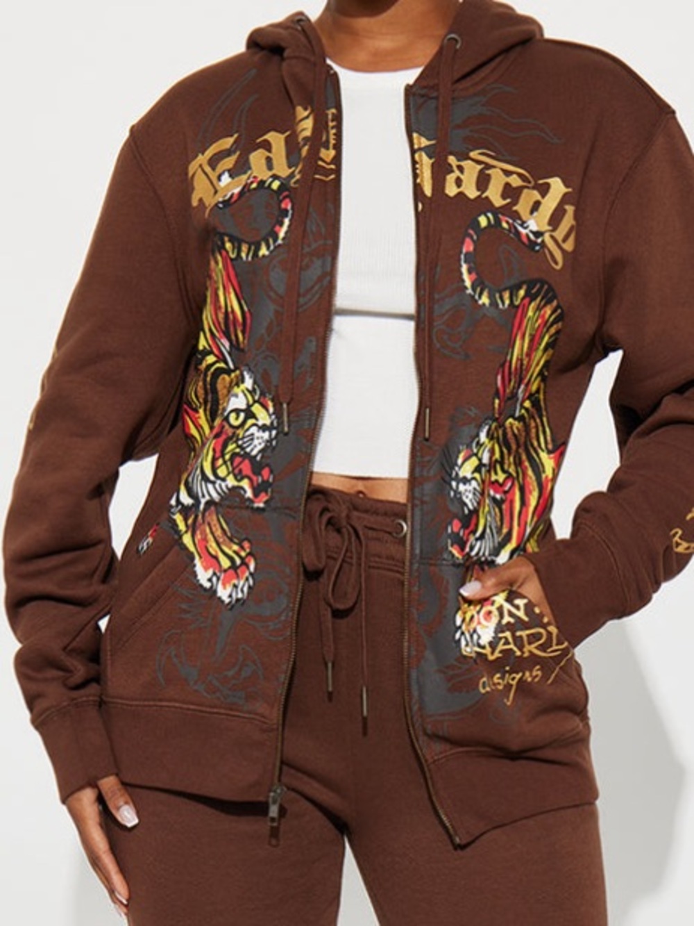 New  Ed Hardy Double Take Tiger Zip Up Hoodie - Brown Size XS (Runs Big)